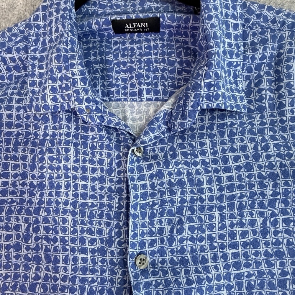 Alfani Mens Regular Fit Blue White Geometric Print Short Sleeve Button Up Large
